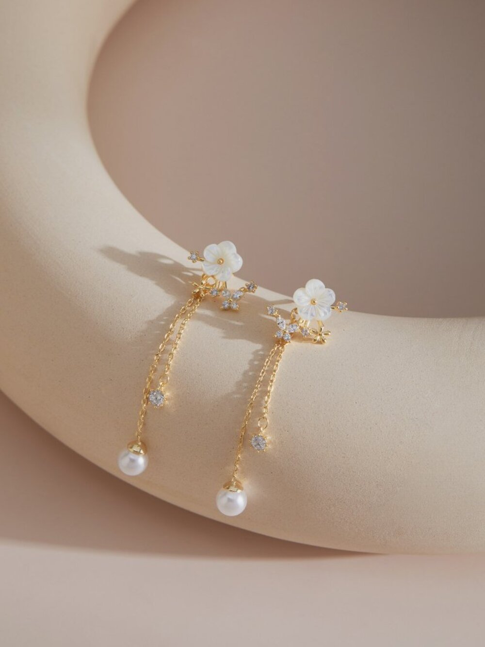 Gold Floral Pearl Drop Earrings Bridal 925 Silver Post